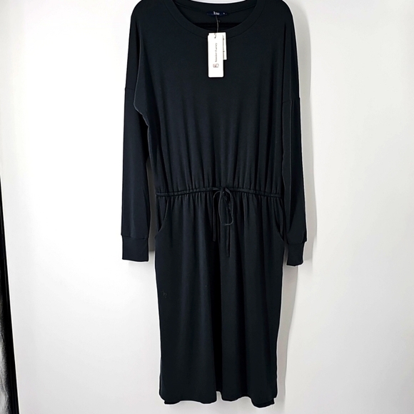 Simier Fariry Forest Green Crewneck Long Sleeve Drawstring Waist Dress Sz: Large - Picture 2 of 9
